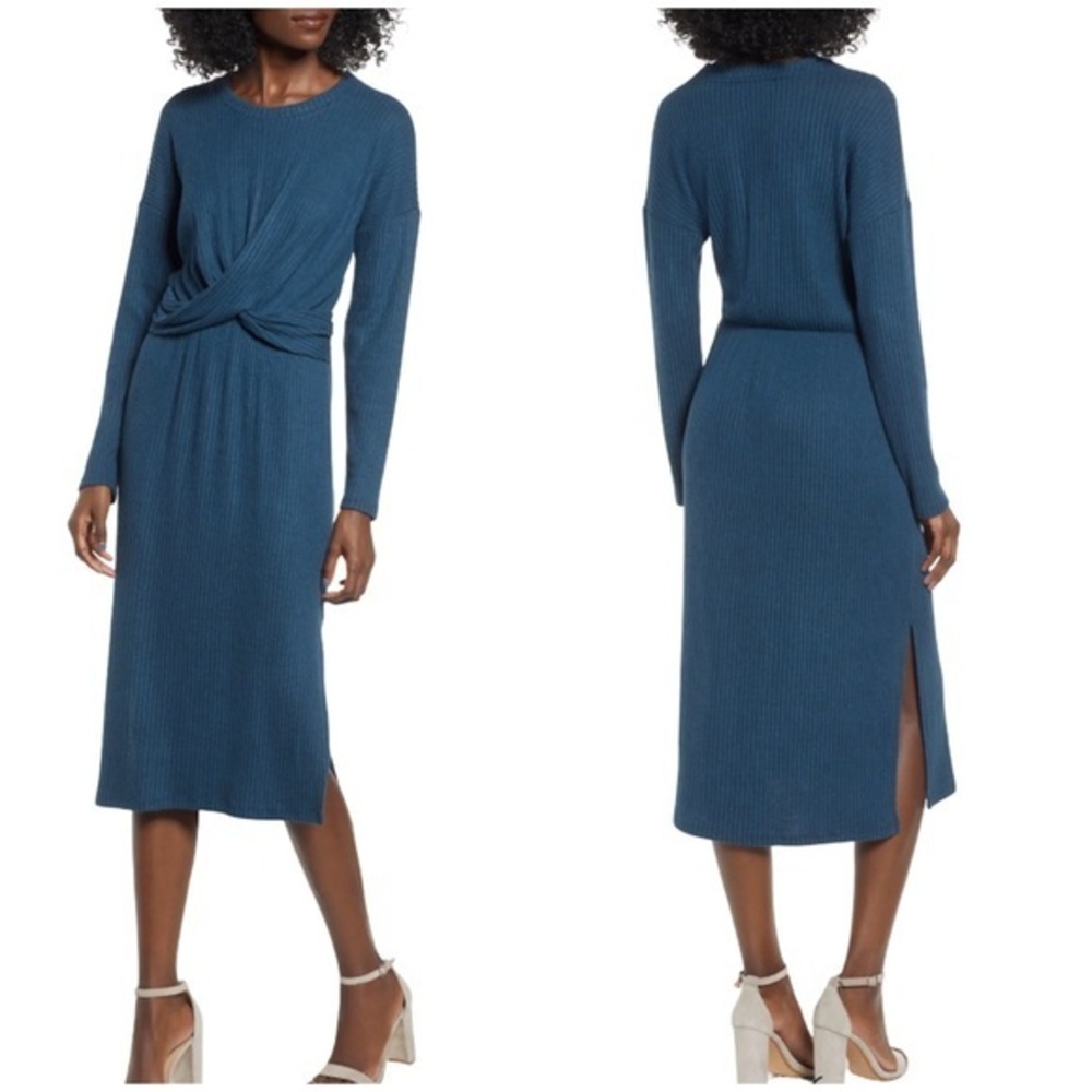 NWT All in Favor Teal Long Sleeve Ribbed Knit Dress